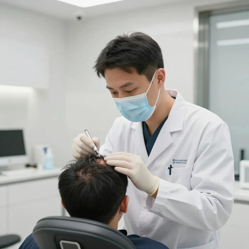 Médecin spécialisé en greffe de cheveux analysant la densité capillaire dans une clinique médicale moderne