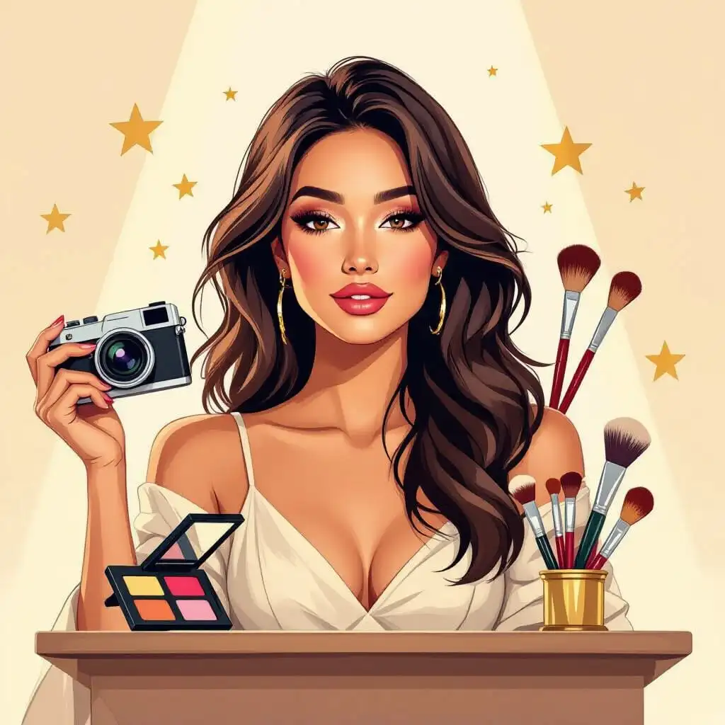 Sandra Blazic illustrée comme mannequin, maquilleuse, actrice et stratège, symbole de sa carrière polyvalente