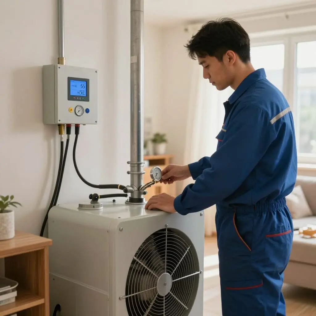 Technicien réalisant un traitement thermique contre les punaises de lit avec ventilateurs et contrôle de température dans un logement