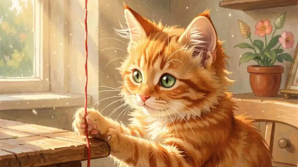 Petit chat jouant avec une ficelle.