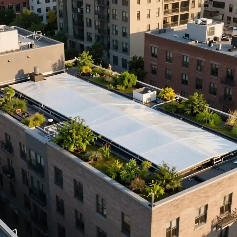 Toits plats de Montréal modernisés avec membranes blanches et végétation en milieu urbain