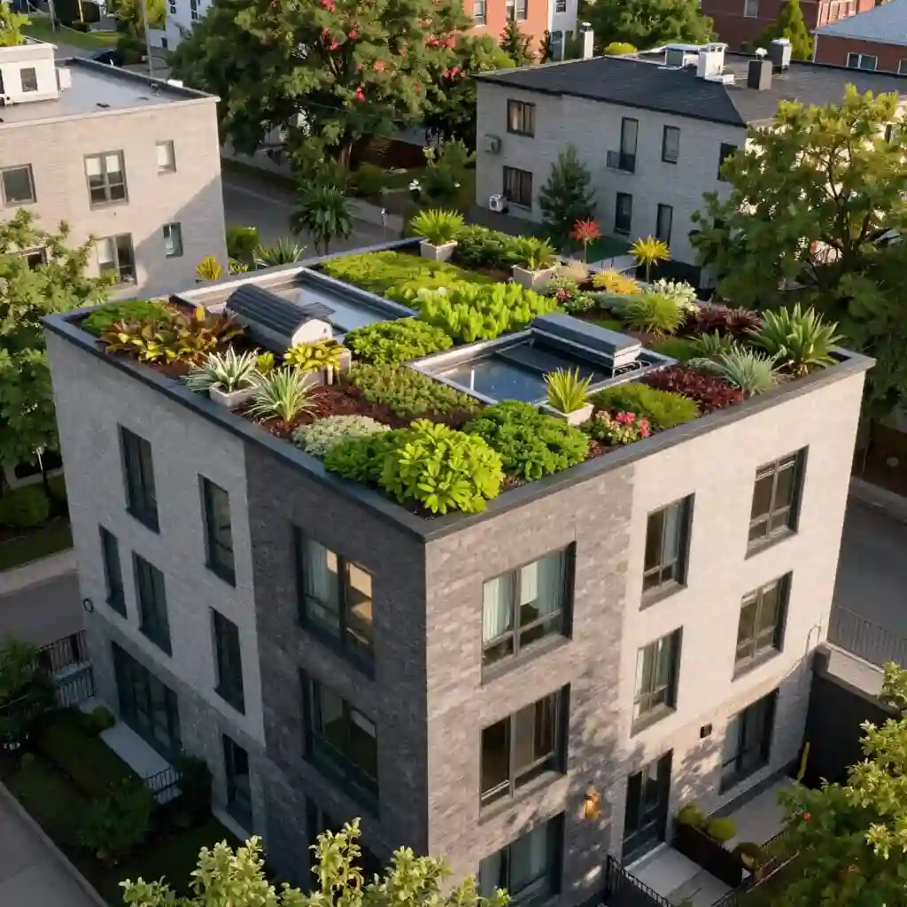 Toit vert résidentiel à Montréal avec sedums sur un immeuble urbain favorisant la rétention d’eau et la durabilité