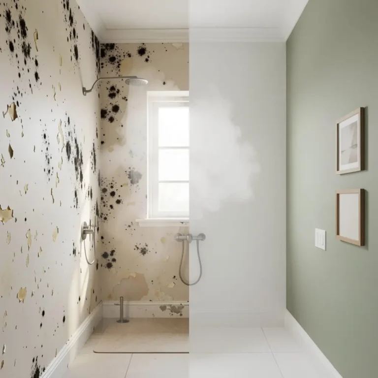 Salle de bain Avant/Après peinture. A gauche salle de bains avec moisissures, à droite salle de bain repeinte