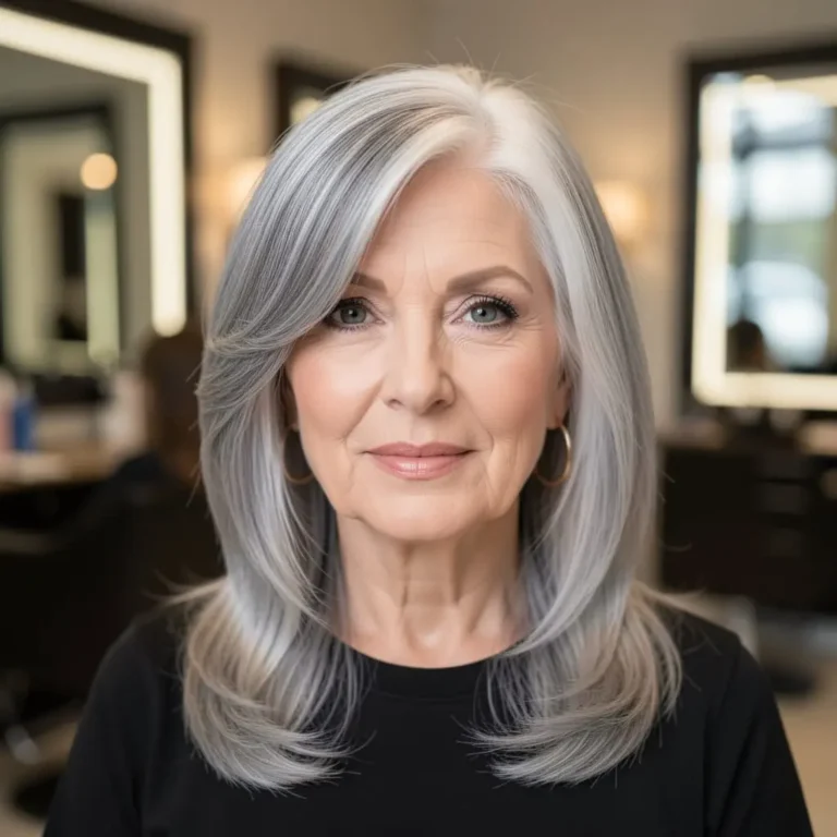 Balayage gris cendré réalisé sur une femme de plus de 60 ans.