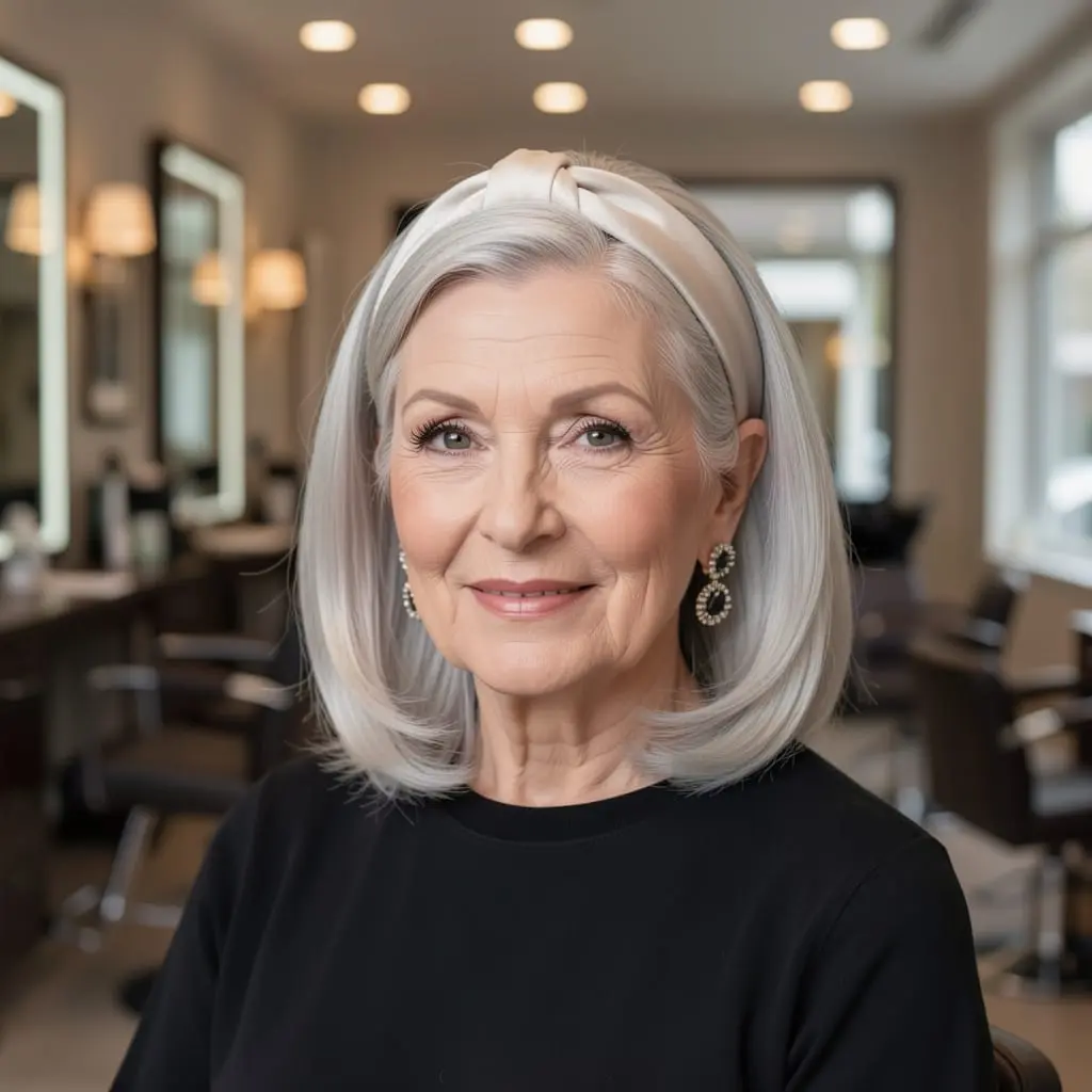 Femme senior portant un bandeau élégant dans des cheveux gris mi-longs.