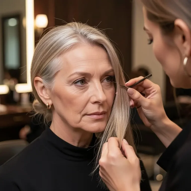 Femme mature découvrant des extensions adaptées à des cheveux clairsemés.