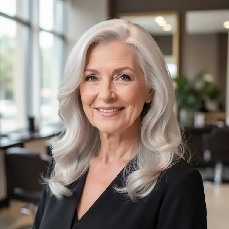 Femme de plus de 60 ans portant de longs cheveux gris élégants.