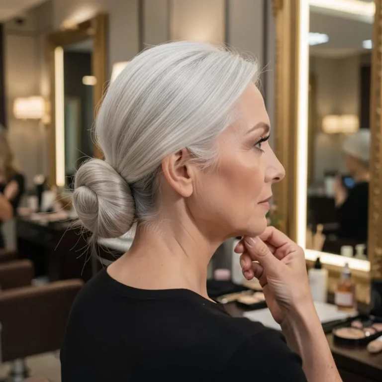 Femme senior réalisant un chignon simple et élégant.