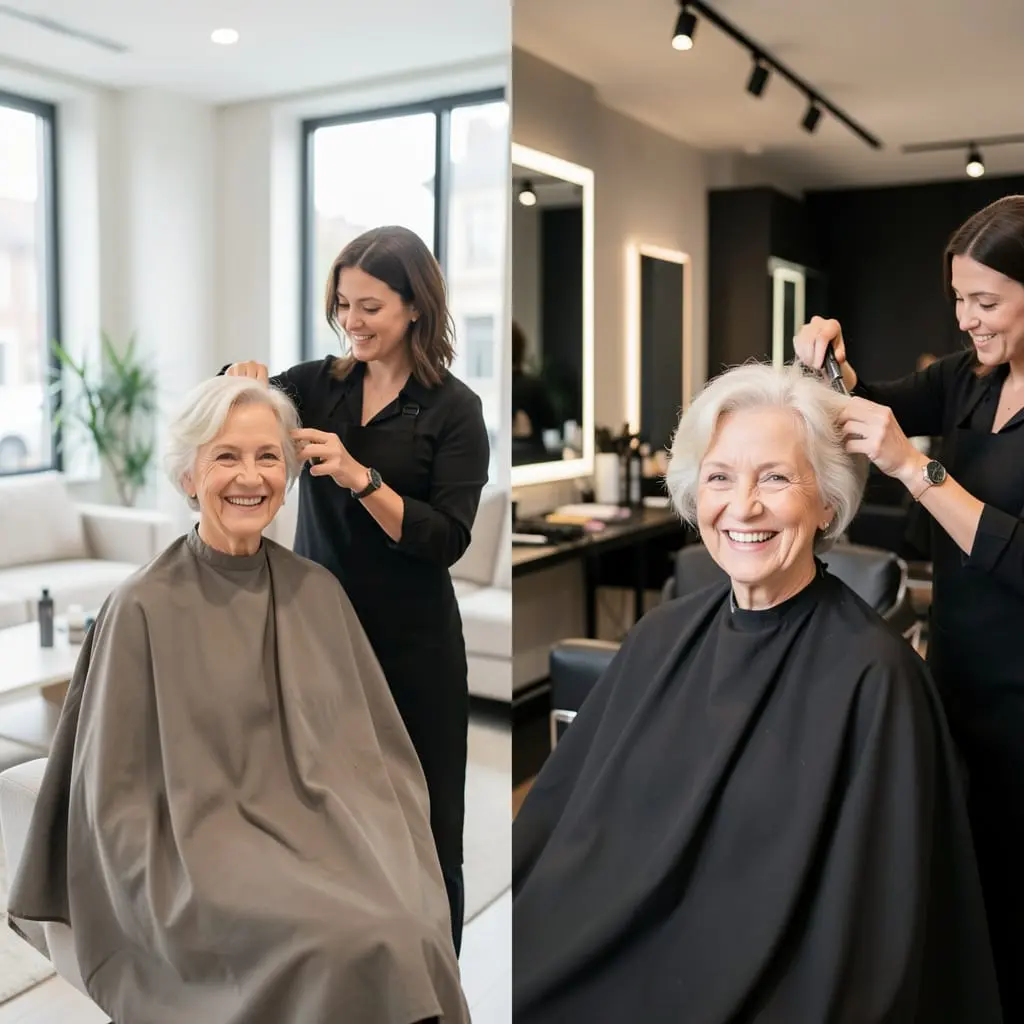Comparaison entre un coiffeur à domicile et un salon pour une femme senior.