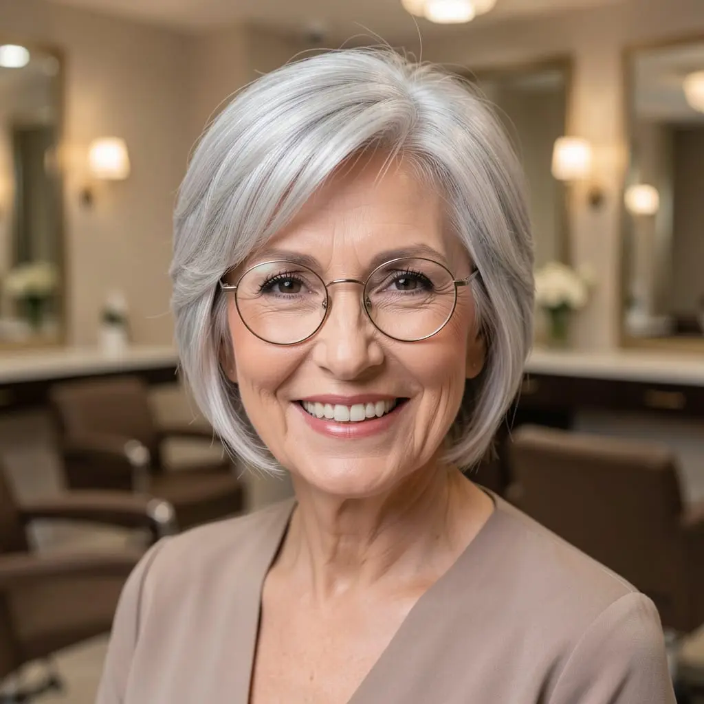 Femme de plus de 60 ans avec des lunettes rondes et une coiffure moderne.