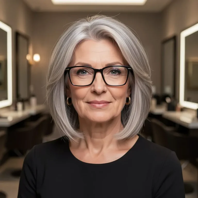 Femme de 55 ans avec des lunettes carrées et une coupe de cheveux harmonieuse.