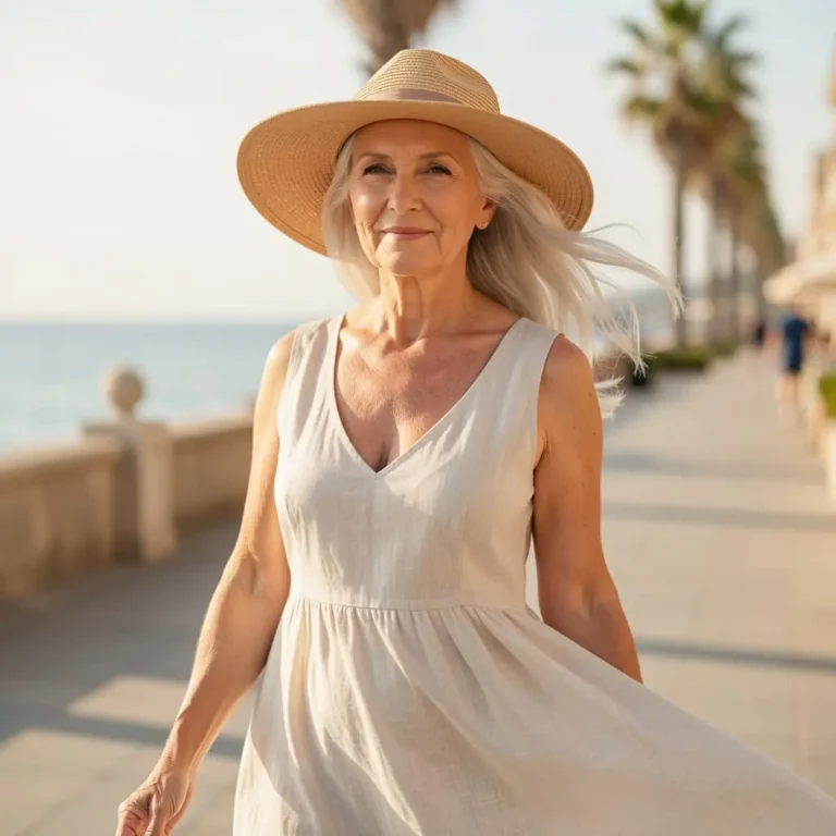 Femme senior aux cheveux gris coiffés pour les vacances d'été.
