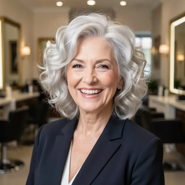 Femme senior avec une coupe mettant en valeur des cheveux bouclés.
