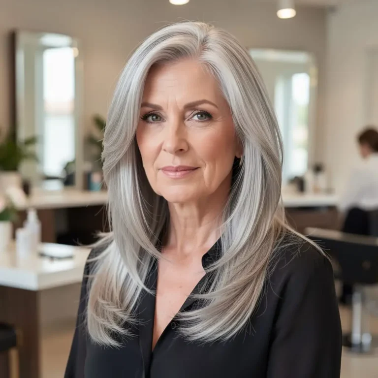 Femme mature aux cheveux épais avec une coupe dégradée maîtrisant le volume.
