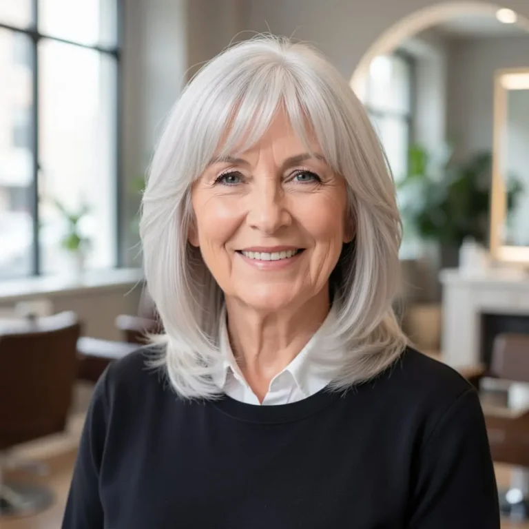 Femme senior au visage allongé avec une coupe mi-longue équilibrée.