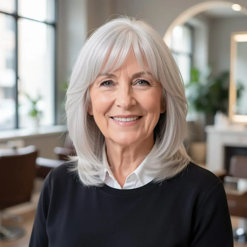 Femme senior au visage allongé avec une coupe mi-longue équilibrée.