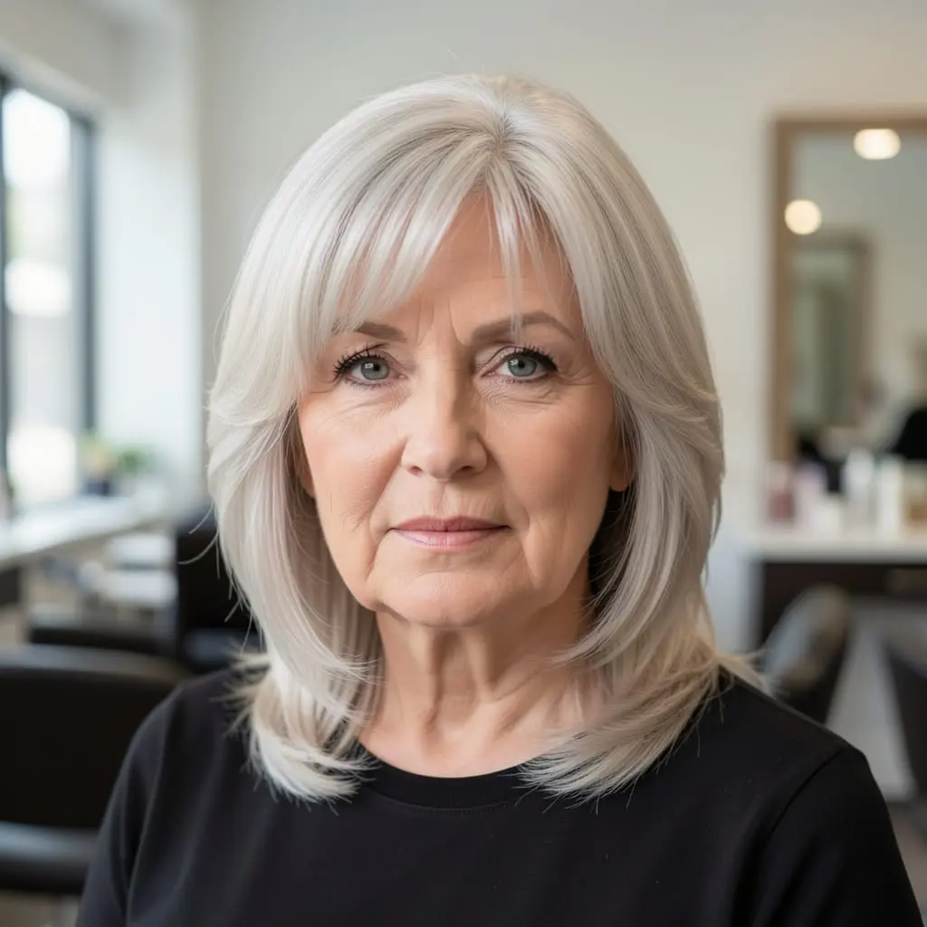 Femme senior au visage carré avec une coupe dégradée qui adoucit les traits.