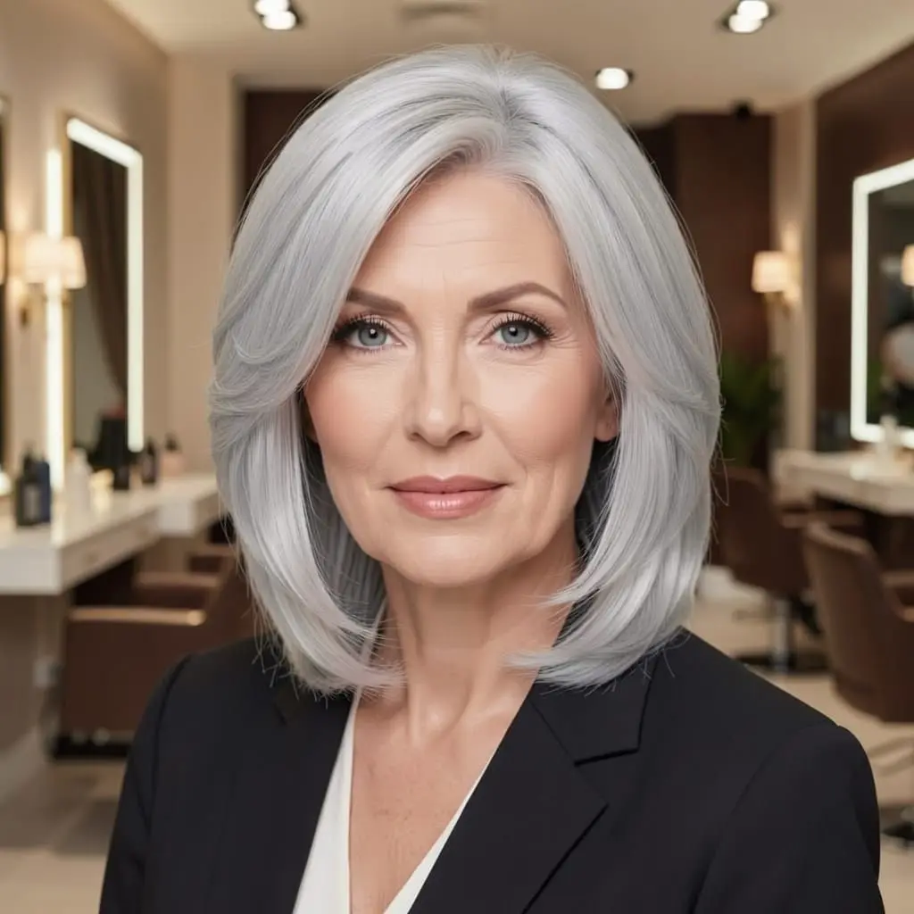 Femme mature au visage ovale portant une coupe mi-longue élégante.