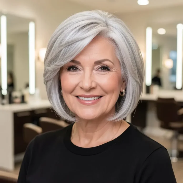 Femme de 65 ans au visage rond avec une coupe dégradée moderne qui affine les traits.