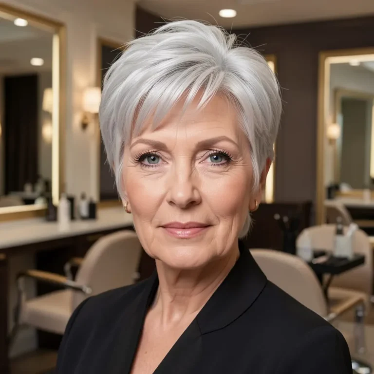 Femme senior avec une coupe courte volumineuse sur cheveux fins.