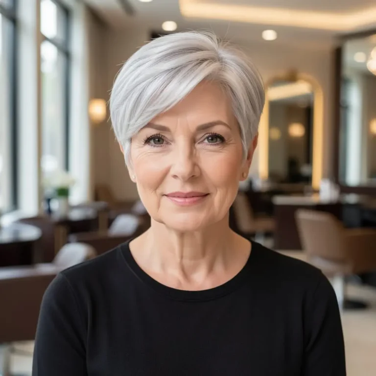 Femme senior de petite taille avec une coupe courte élégante et harmonieuse.