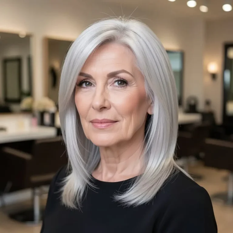 Femme senior aux cheveux raides avec une coupe moderne facile à coiffer.