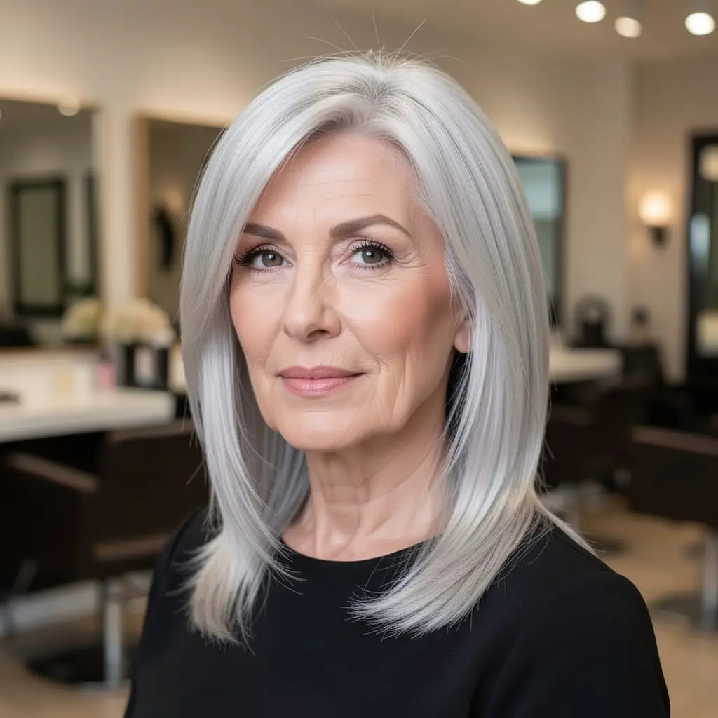 Femme senior aux cheveux raides avec une coupe moderne facile à coiffer.
