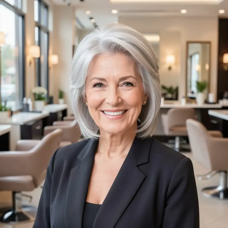 Femme de 70 ans avec une coupe de cheveux moderne à effet rajeunissant.