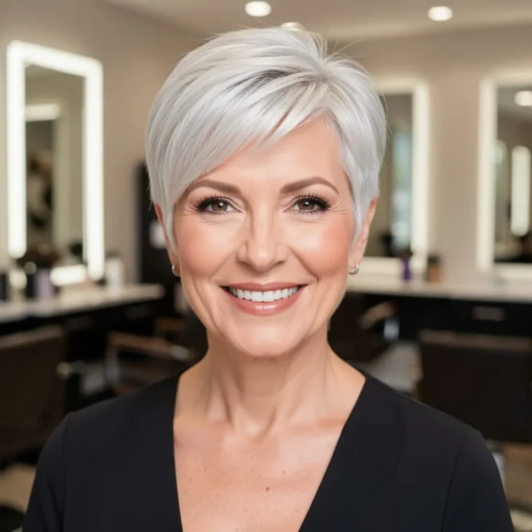 Femme senior avec une coupe pixie très courte moderne sur cheveux gris.