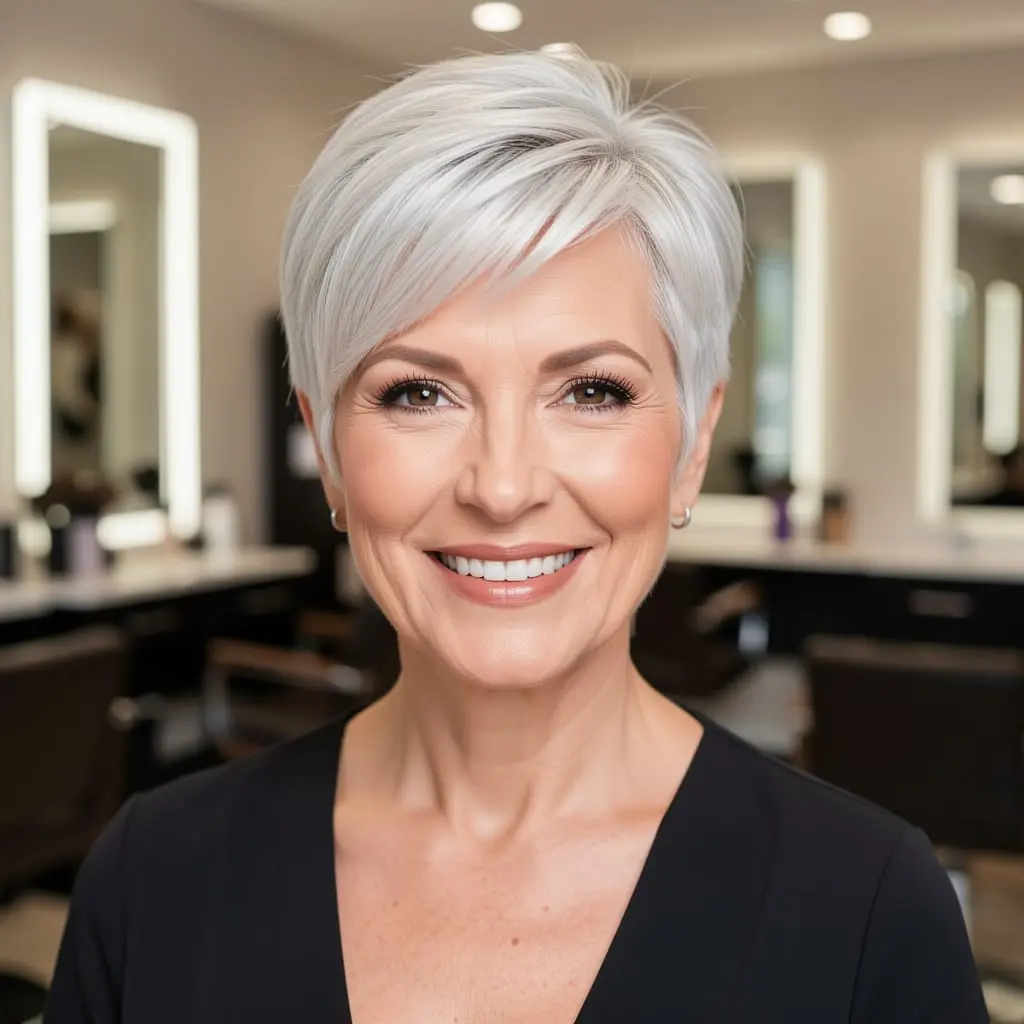 Femme senior avec une coupe pixie très courte moderne sur cheveux gris.