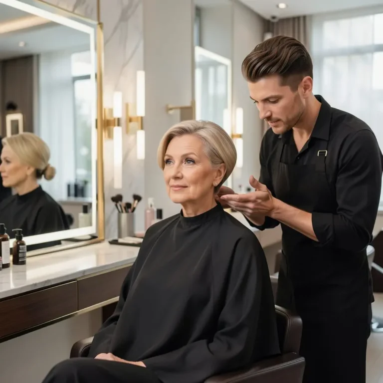 Femme mature recevant des conseils coiffure devant un miroir.