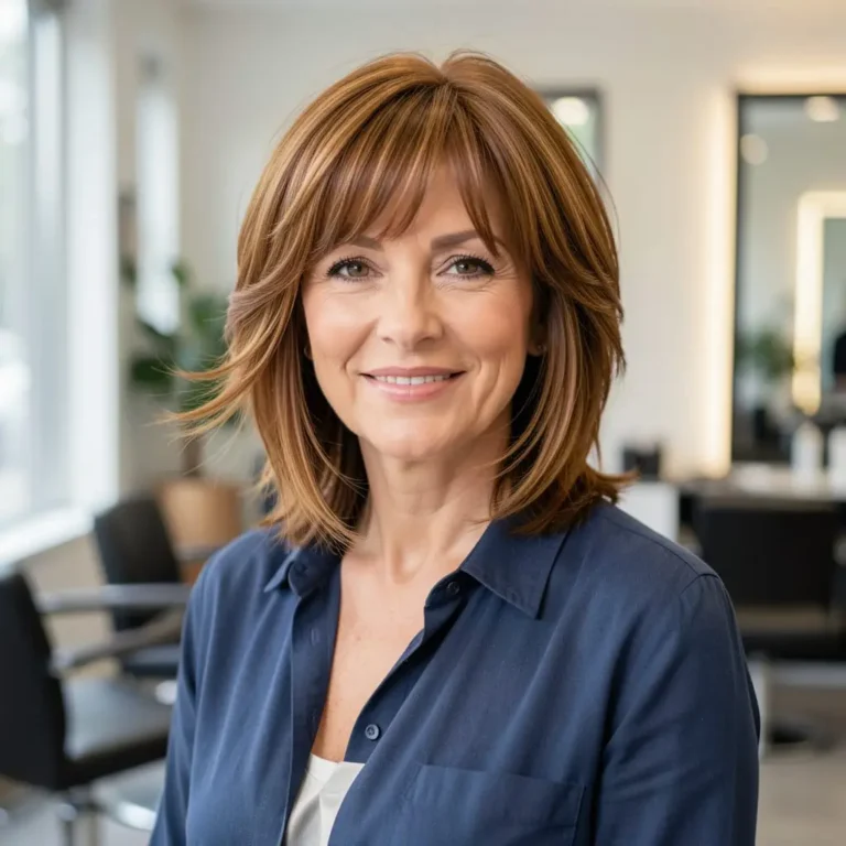 Femme mature portant une coupe shaggy mi-longue dégradée avec frange rideau, une coiffure moderne qui rajeunit les traits du visage.