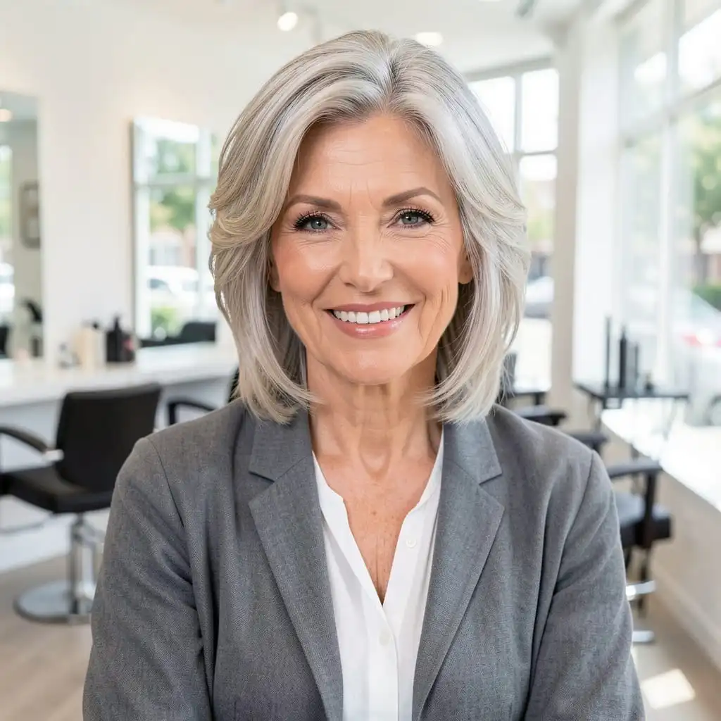 Femme senior de 50 à 70 ans avec une coupe moderne et élégante mettant en valeur son visage et ses cheveux.