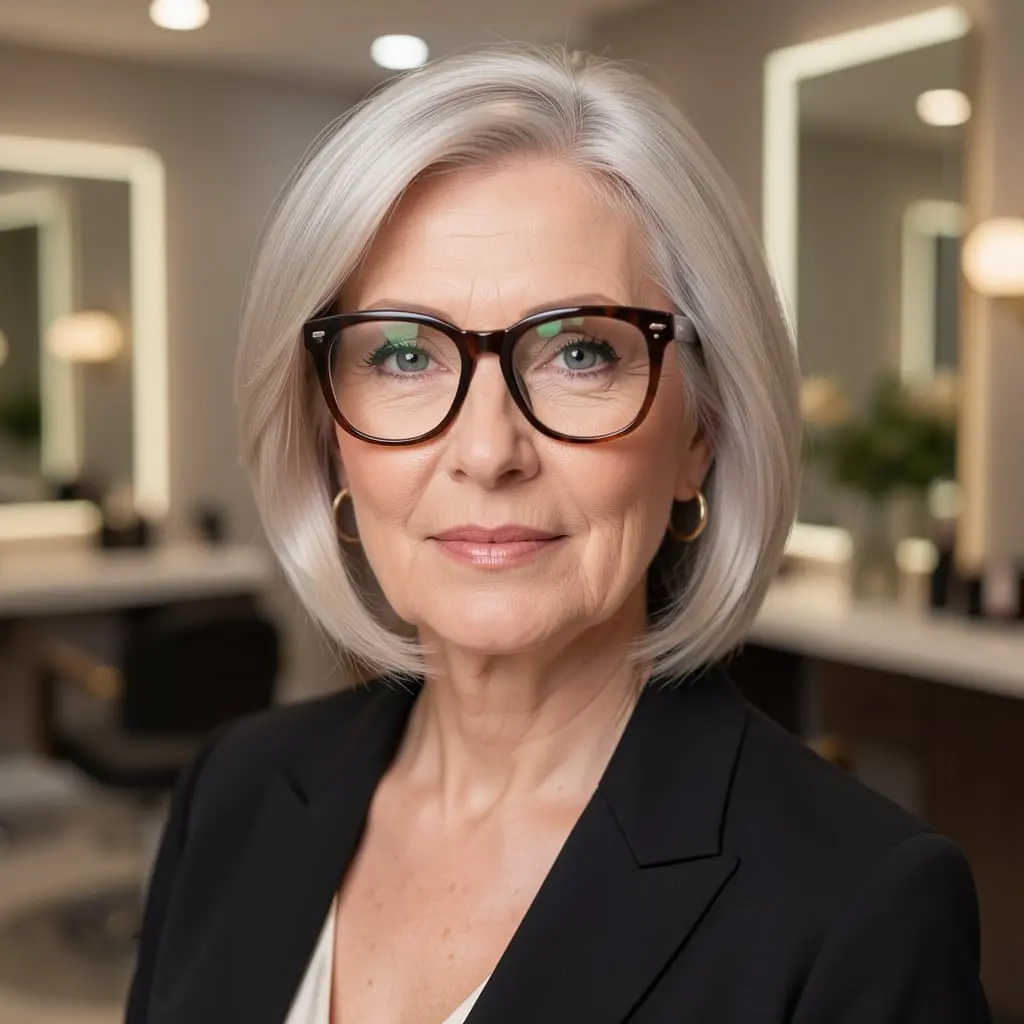 Femme mature portant de grosses lunettes avec une coupe adaptée.