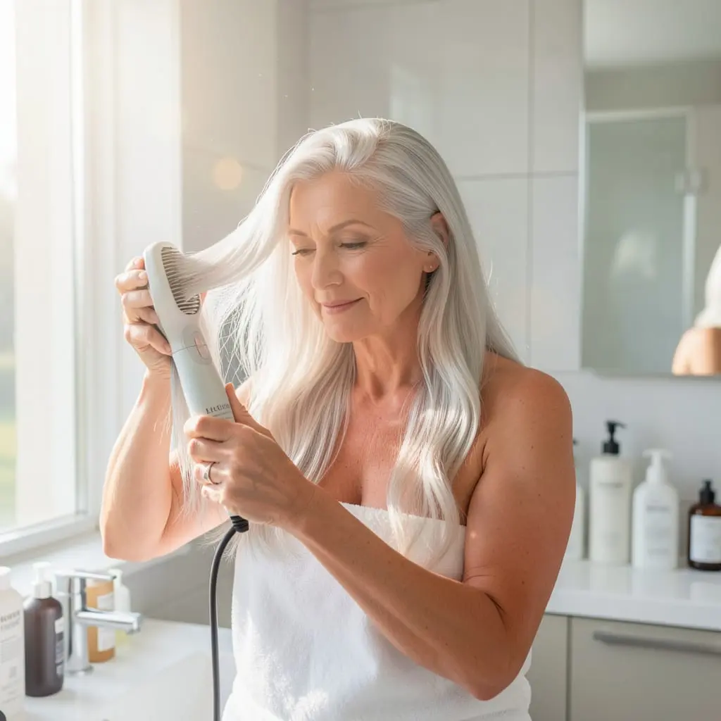 Femme mature réalisant une routine de soin pour ses cheveux gris.