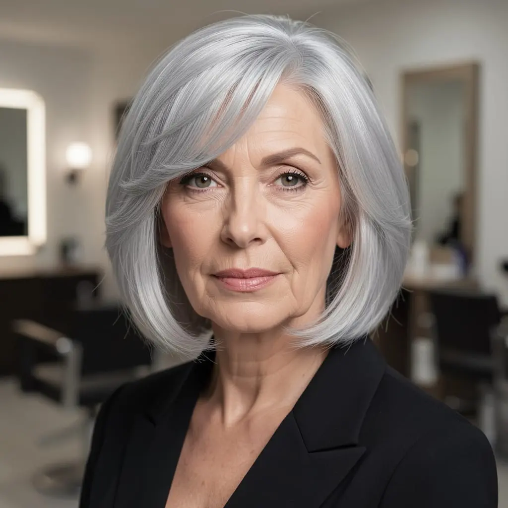Femme de plus de 60 ans au visage triangulaire avec une coupe équilibrée.