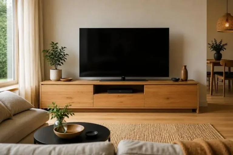 Salon bien décoré avec meuble TV adapté à une télevision de grande taille